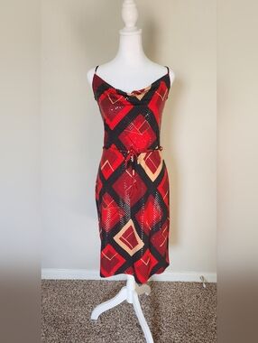 Studio Y Red & Black Geometric Midi Slip Dress